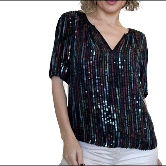 Velvet by Graham and Spencer Nikky Multicolor Sequin Short Sleeve Top small - Picture 6 of 7
